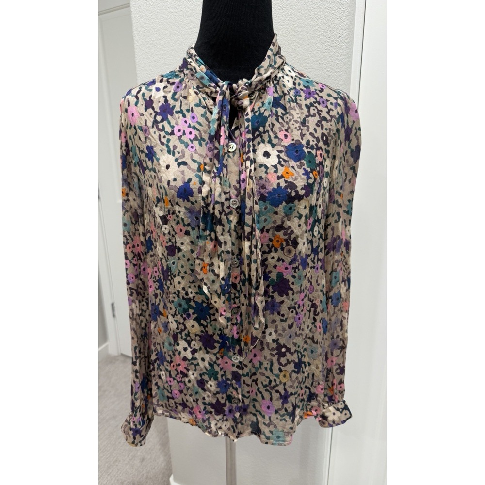 Paul & Joe 100% Silk L/S Floral-print Blouse w/neck tie/scarf Sz Small Career